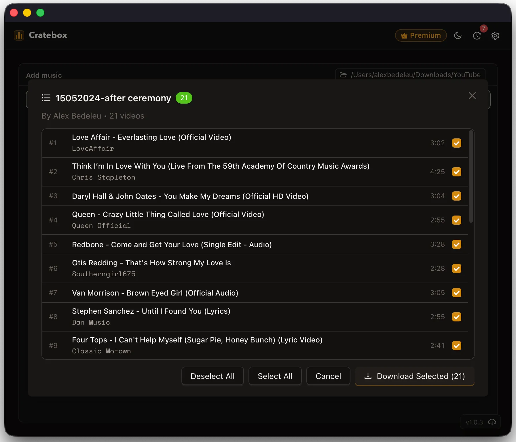 Cratebox playlist modal with selected tracks