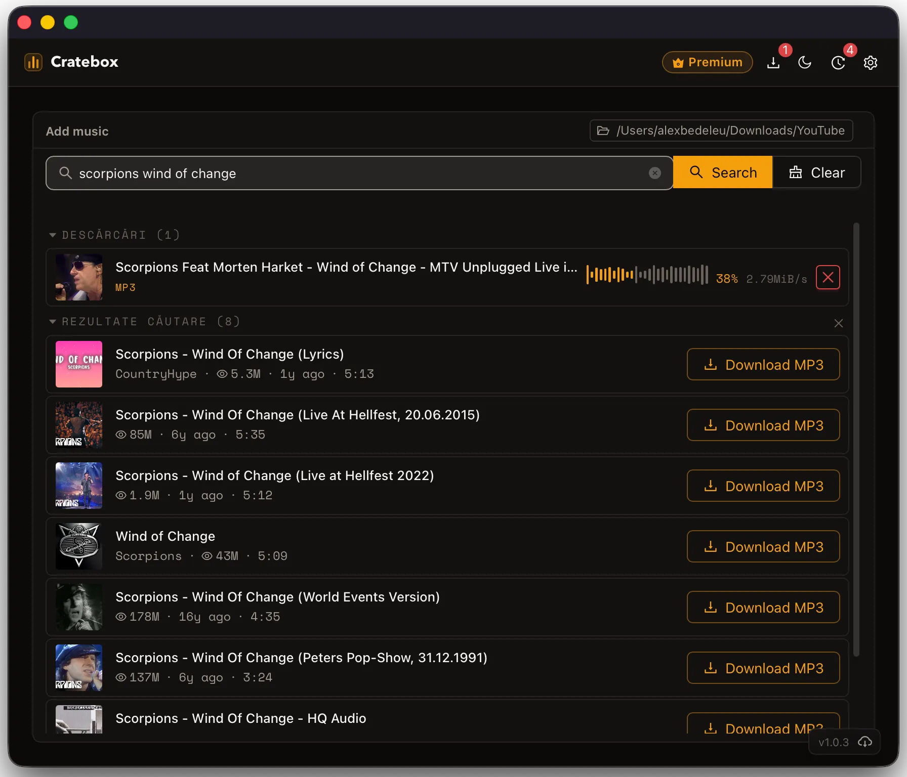 Cratebox showing a live MP3 download with waveform progress