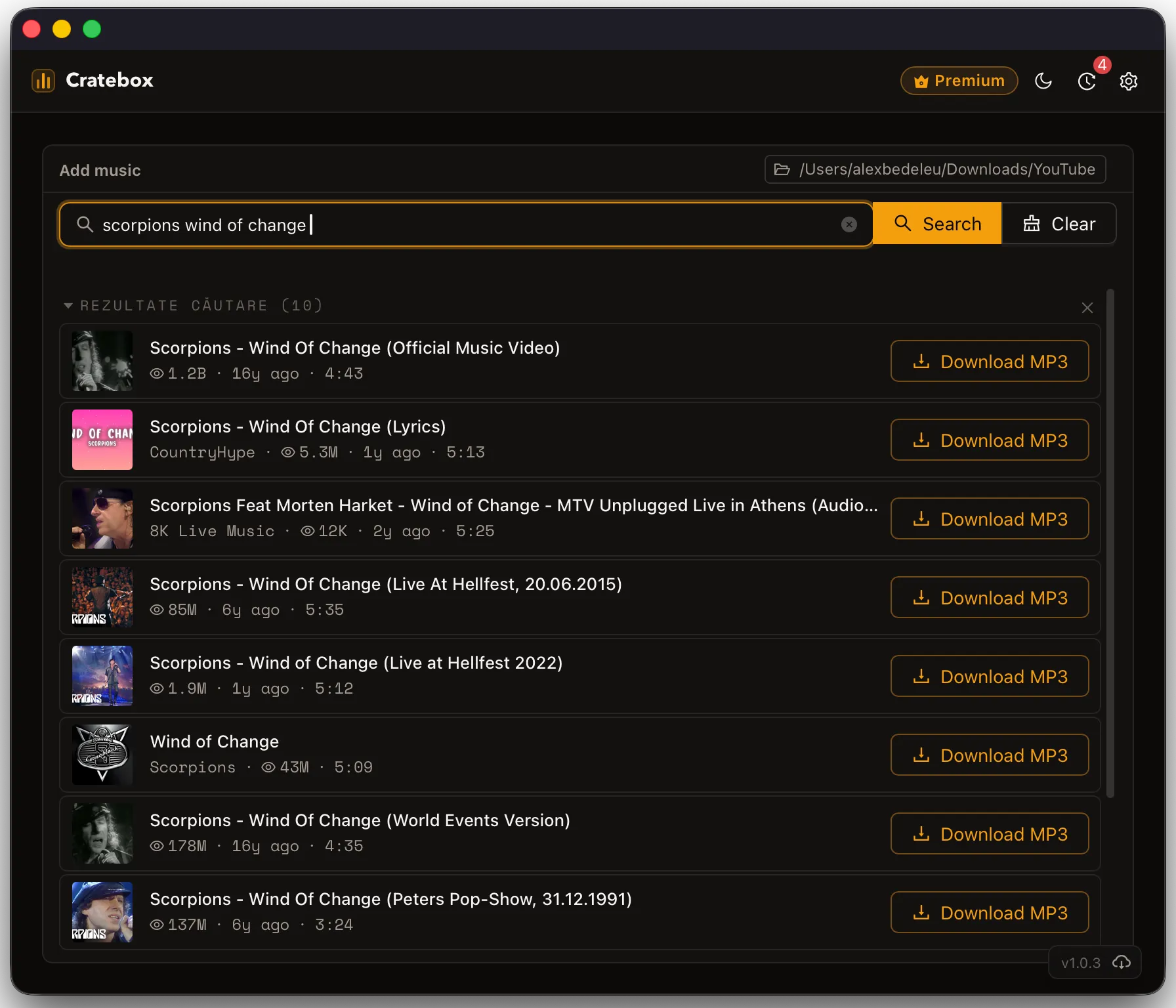 Cratebox dark mode search results for Scorpions tracks