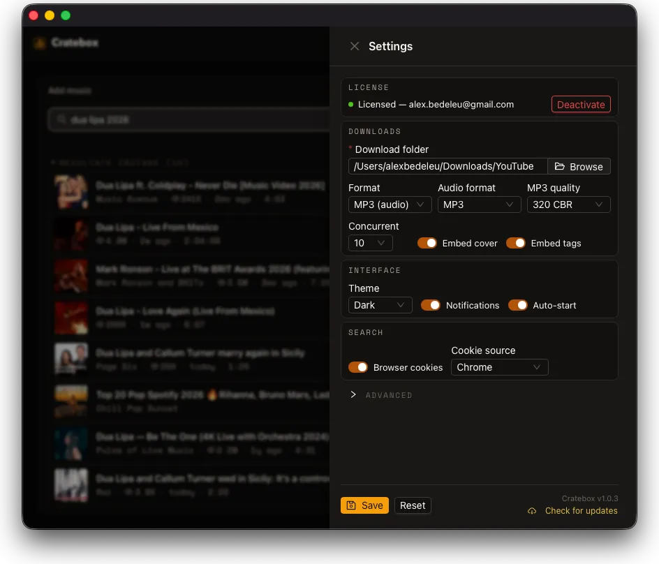 Cratebox settings drawer with download and interface controls